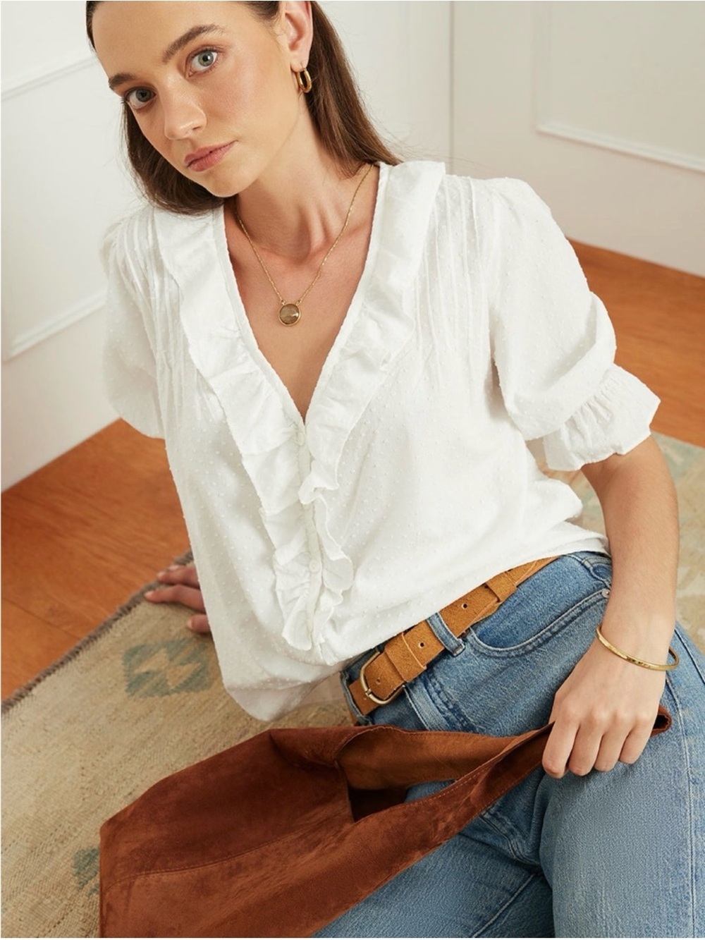 PANEROS White Ruffle Swiss Dot Blouse 100% Cotton Luxury Coastal Spring XS - Picture 7 of 7